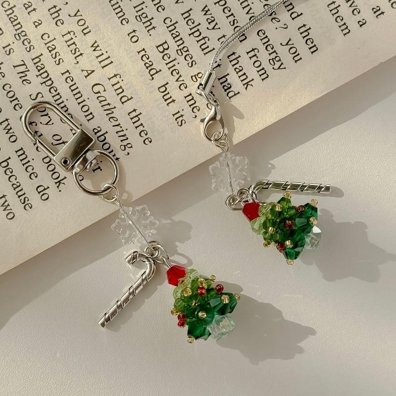 Christmas Tree Keychain Mobile Pendant Crystal Bead Earphone Hanger Christmas Snowflake Bag Hanger