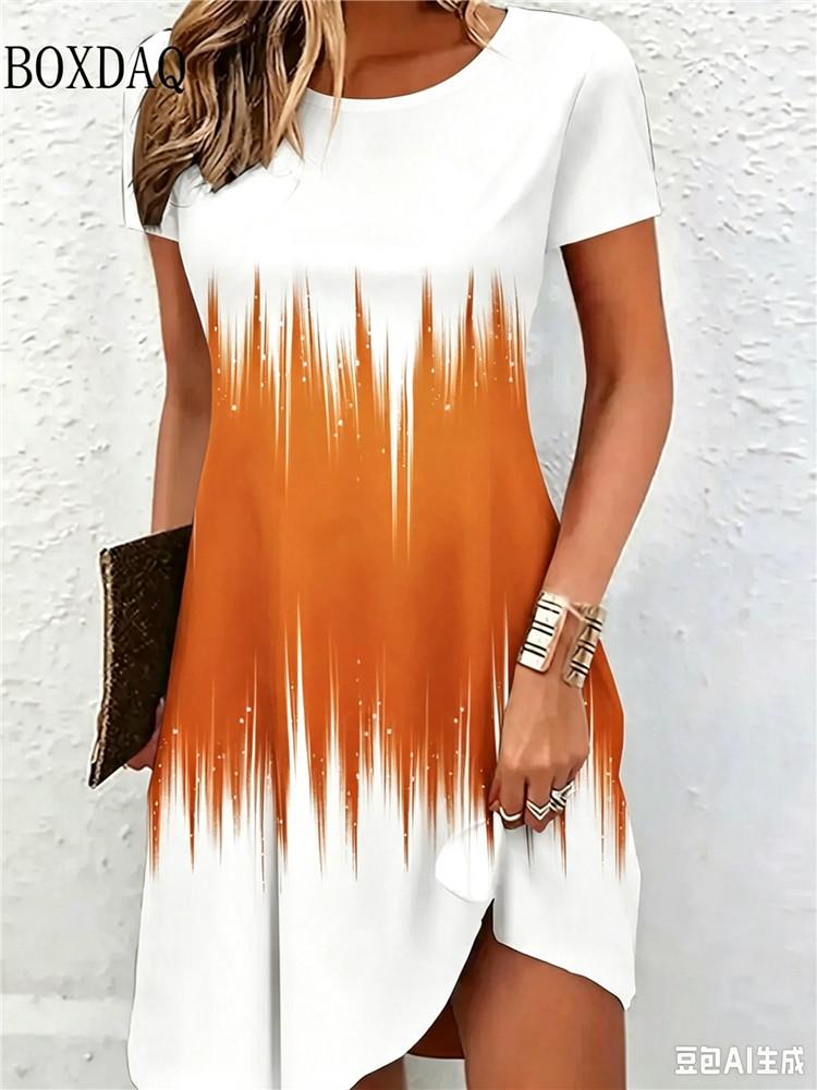 New Women's Summer Dresses Loose Short Sleeve Round Neck Gradient Pattern Printed Casual Party Dress