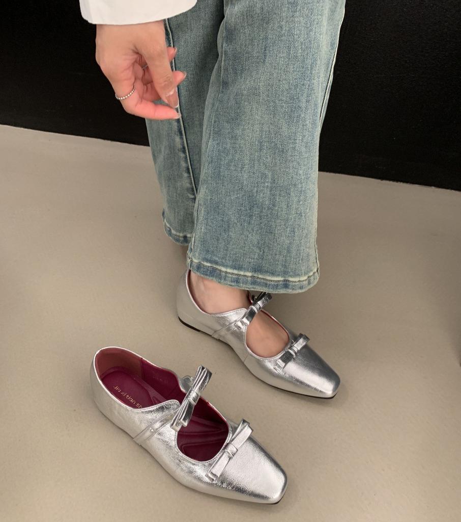 2025 Spring New French Temperament Double Bow Square Head Inner Height Increase Mary Jane Shoes Small Fragrant Single Shoes