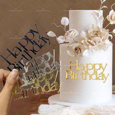 10 PCS Happy Birthday Cake Topper Simple Lines Acrylic Gold Silver Black Dessert Toppers for Birthday Party Cake Decorations