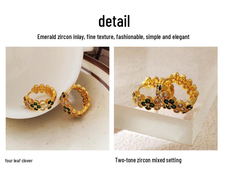 Minimalistische vierblättrige Kleeblatt-Ohrringe: Smaragd Zirkon, Vintage-inspiriert, 18K vergoldetes Kupfer, Trendiges Design, Ohrclips.