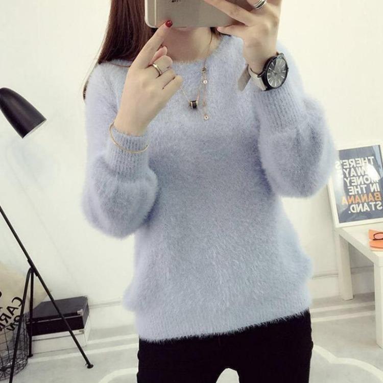 Pullover Elastici Casual da Donna Maglione Invernale Top Lavorati a Maglia Lisci Scollo a O Manica Lunga a Palloncino Imita Pelliccia di Vison Pile