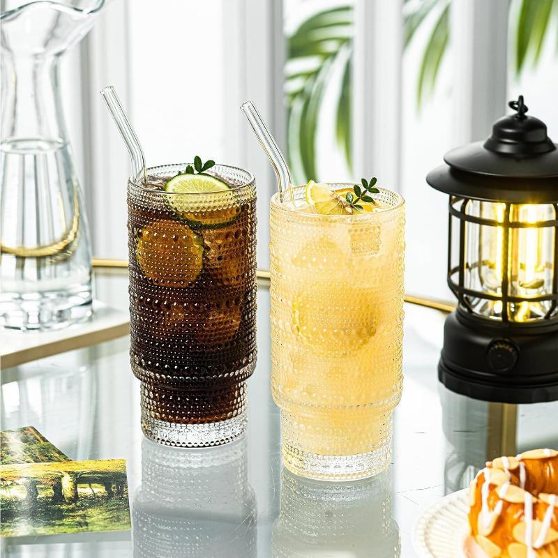 16oz Hobnail Drinking Glasses Set of 4, Stackable Glass Cups With Glass Straws, Aesthetic Cocktail Glasses