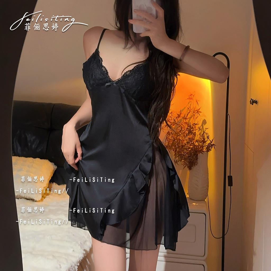Sexy pajamas suspender nightgown women's 1011 new summer lace ice silk nightgown high-end loungewear set