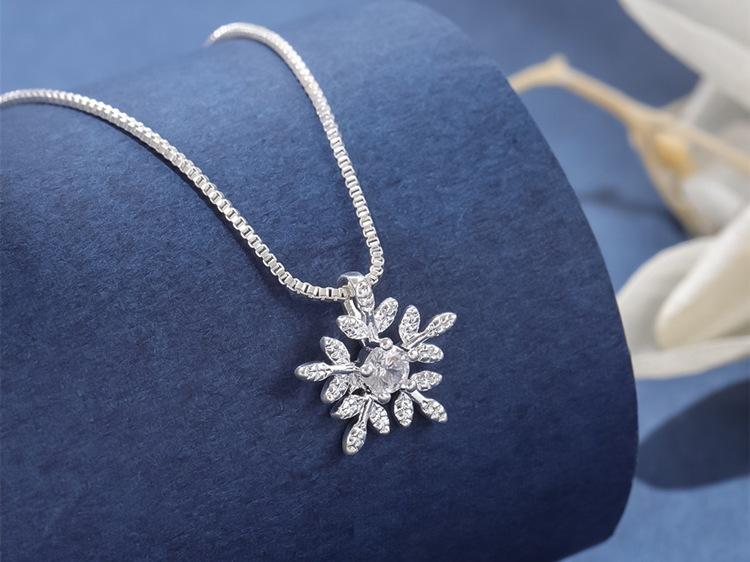 925 Silver Snowflake Crystal Flower Pendant Necklace for Girls