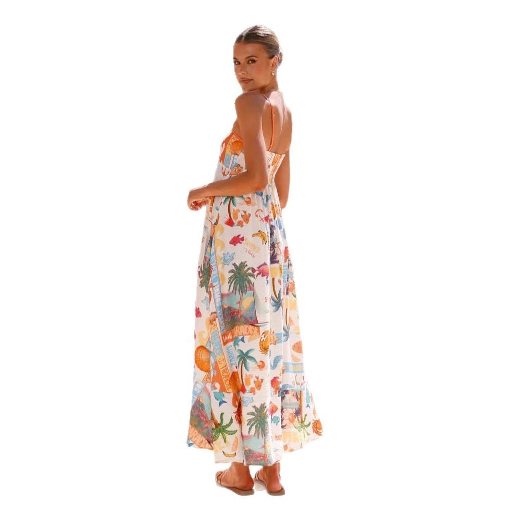 Damen Boho Blumen Strand Sommerkleid Ärmellos Sommer Maxikleid Spaghettiträger Lässig Gesmoktes Fließendes A-Linien-Kleid Party Lange Kleider für Damen