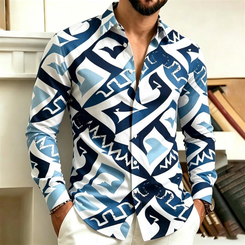 Men's Collar Button Up Long Sleeved Shirt, Black and White Abstract Geometric Full Print Shirt, Street Trendy Casual Loose Top