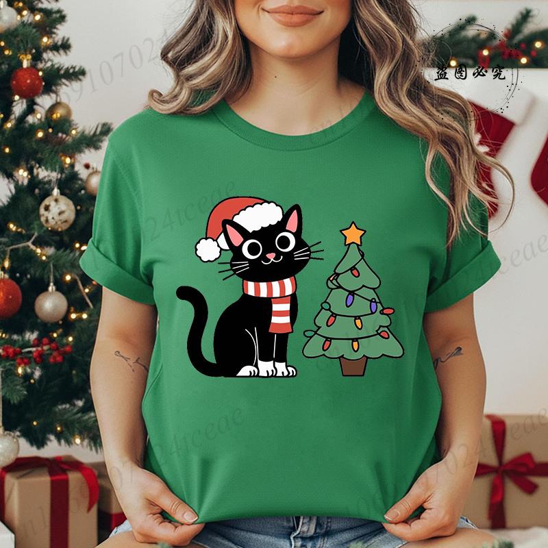 Kitten Xmas Tree Unisexs Casual TShirt Black Cat Christmas Graphic Print TShirts Tops Meowy Xmas Lights Novelty TShirt Tops