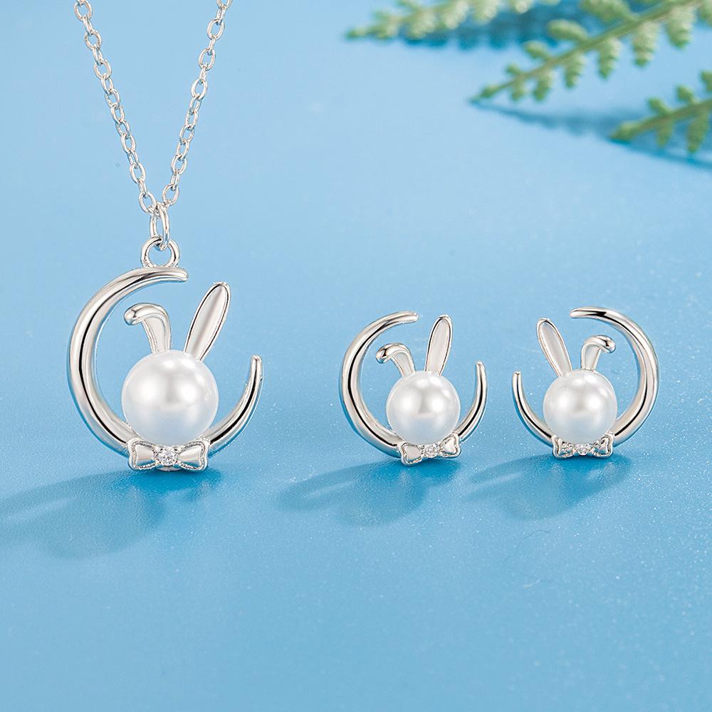 Moon Rabbit Cute Rabbit Necklace Earrings Set Women'S Light Luxury Design Zodiac Rabbit Earrings Moon Rabbit Clavicle Chain