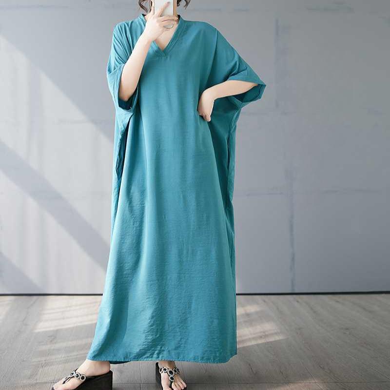 Summer Color V-neck Retro Long Skirt Cotton Linen Dress