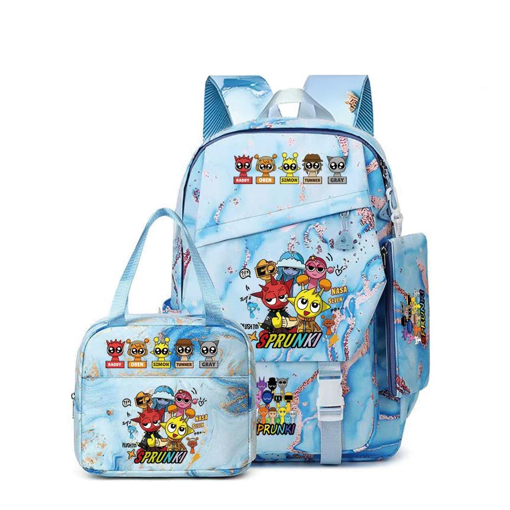 Around the box, elementary school bag sprunki cartoon backpack three-piece set D