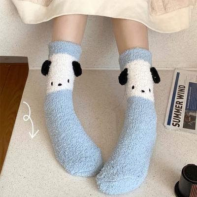 Cute Puppy Coral Fleece Socks Women'S 23 Autumn And Winter Thickened Plush Three-Dimensional Ear Tube Sleep Floor Socks