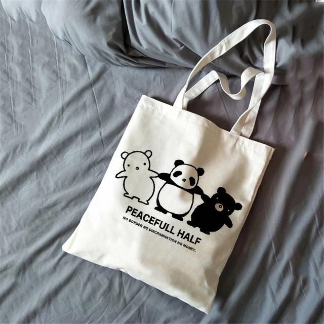 New Women's Cartoon Handbag Cute Animal Panda Shoulder Canvas Bag Large Capacity Girl Reusable Shopping Bag Grocery Bag.