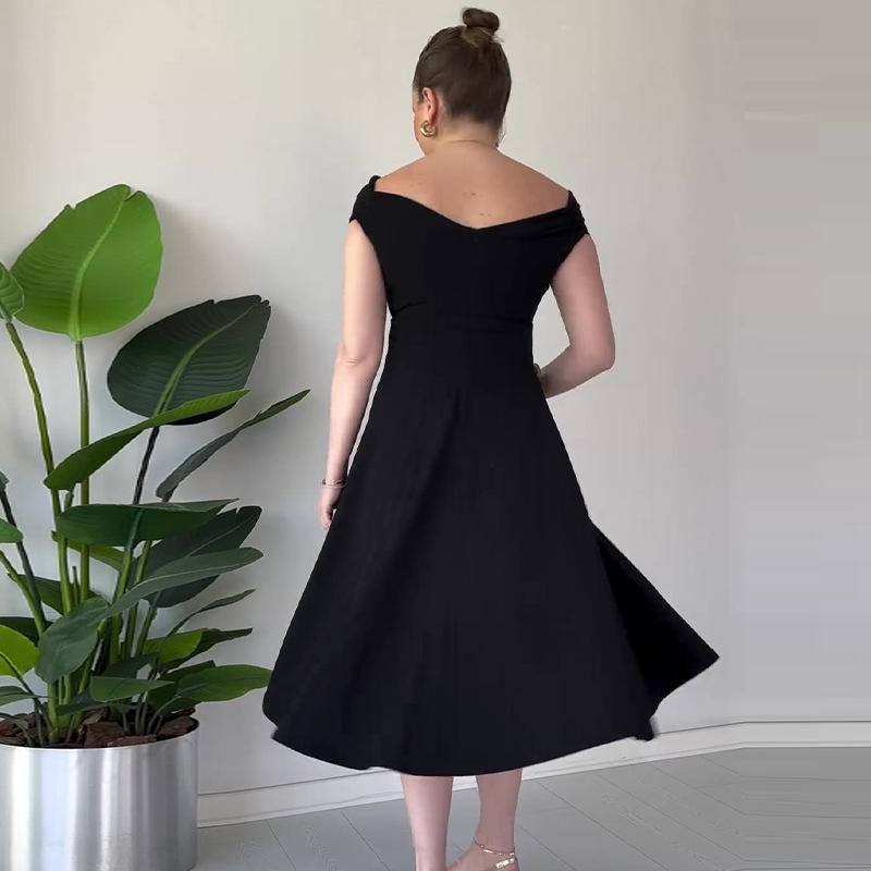 2024 European & American Hepburn-Style Solid V-Neck Waist-Cinching Dress