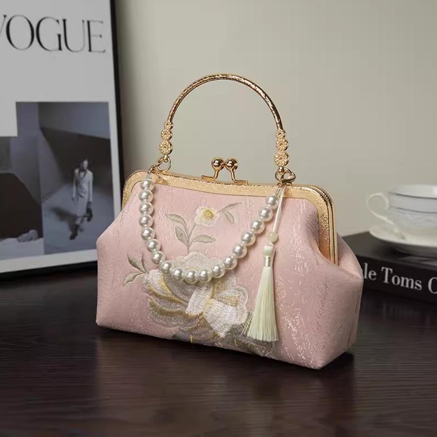 Vintage Fringe Bag Small Shell Clip Bags Chains Women Shoulder Crossbody Bag Crane Floral Embroidery Handbags Clutch Purses Sac розовый
