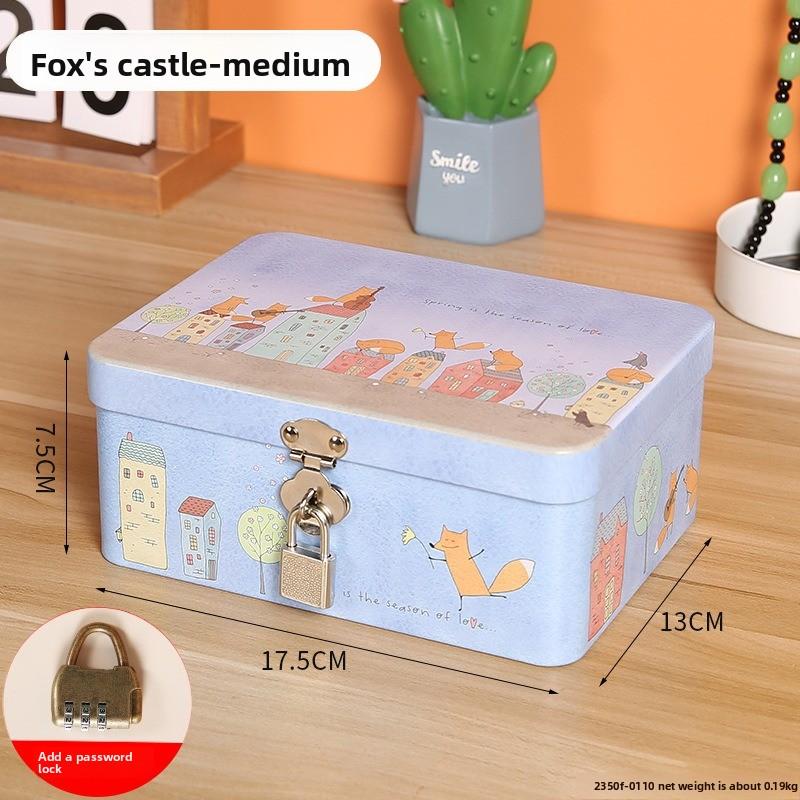 Retro Tinplate Box with Lock Key, Desktop Storage Box, Cosmetics, ID Storage, Household Jewelry Empty Box.