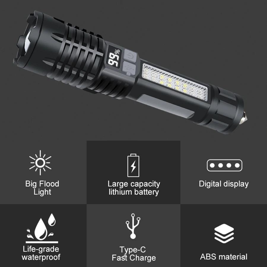 High Power LED Flashlight USB Rechargeable Light Telescopic Zoom Camping Torch with COB Side Light Multifunction Outdoor Lantern