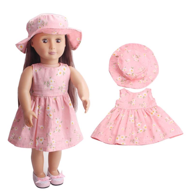 2pcs Doll Clothing Suit Flower Printing Dress + Hat for 18 Inch doll
