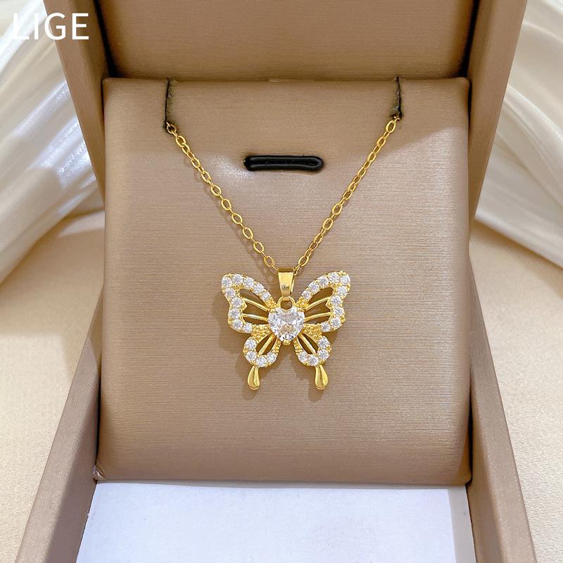 Titanium Steel, Empty Zircon Butterfly Light Luxury Temperament Gorgeous Full Diamond Necklace Female Versatile Collarbone Chain Titanium Steel Chain