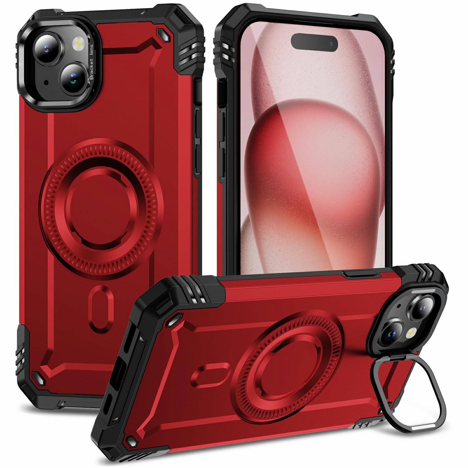 

For iPhone 15 Magnetic Case Lens Kickstand PC+TPU Shockproof Phone Cover Red