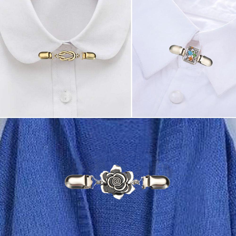 1PC Retro Women Cardigan Sweater Blouse Shawl Clips Shirt Collar Flower Pattern Duck Clip Clasps Fashion Clothing Accessories