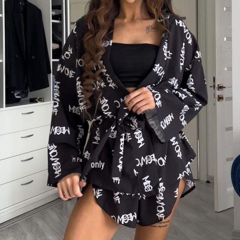 Women's Loose Long-Sleeve Print Lace-Up High Waist Shorts Suit
