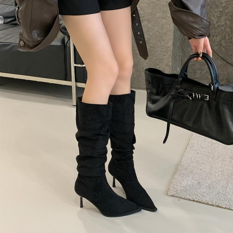 Retro Pointed Suede Thin Heel Thin Boots Women's Stacking Boots Belt Buckle Pleated High Heel Thin Boots