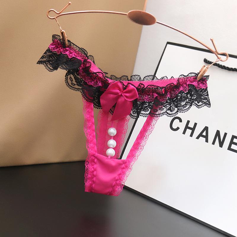 Transparent Lace Low-Waist Women's Thong with Pearl Massage Feature