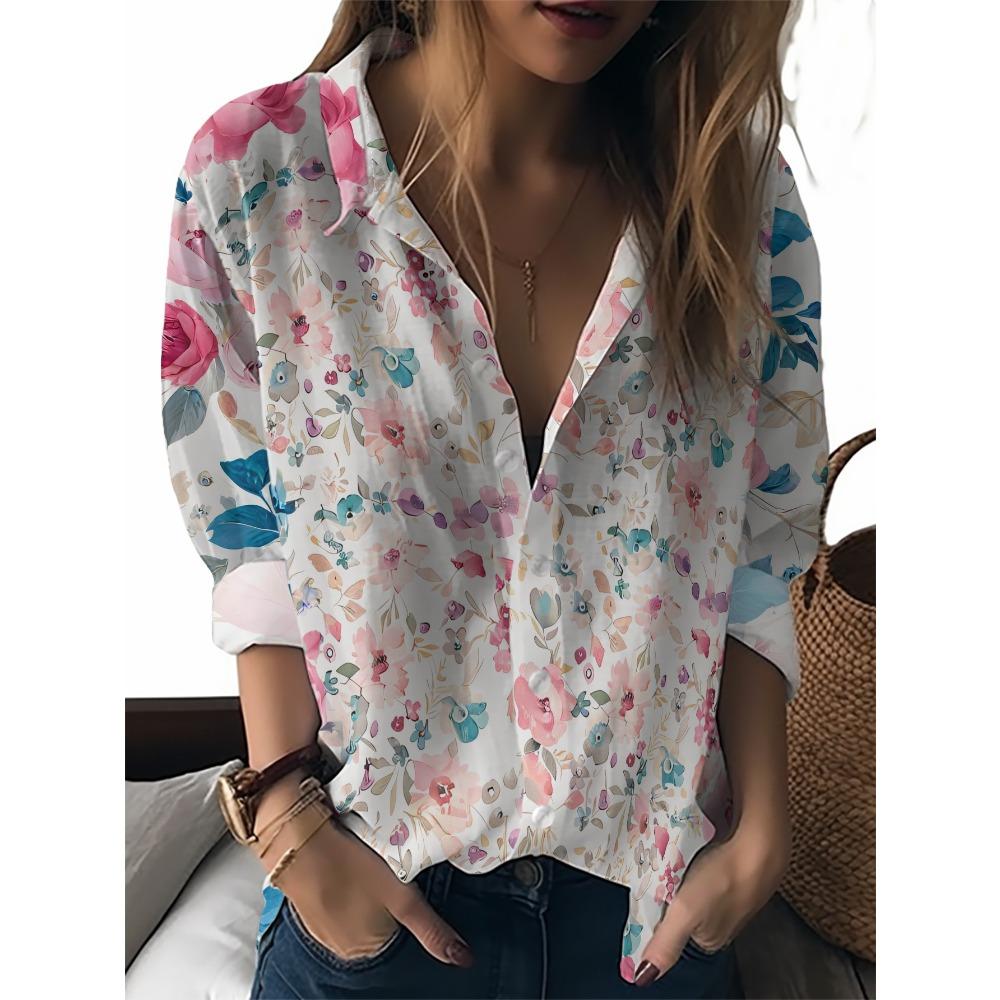 Summer Minimalist Shirt with Floral Digital Print Button Up Shirt Top for Women's Hawaiian Beach Vacation Casual Shirt