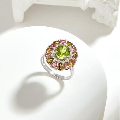Anello classico con tormalina peridoto, vera pietra preziosa colorata in argento sterling 925, elegante gioielleria raffinata per le donne, bel regalo