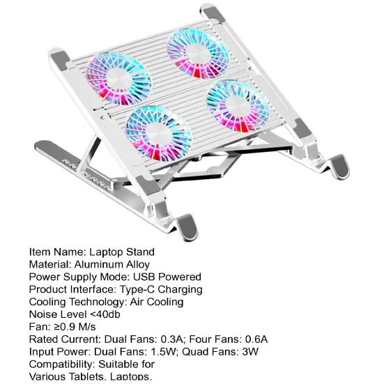 Chladicí podložka pro notebook 2/4 tiché ventilátory Výškově nastavitelné RGB Skládací hliníková slitina Počítačový chladič Stojan Držák chladiče PC Příslušenství