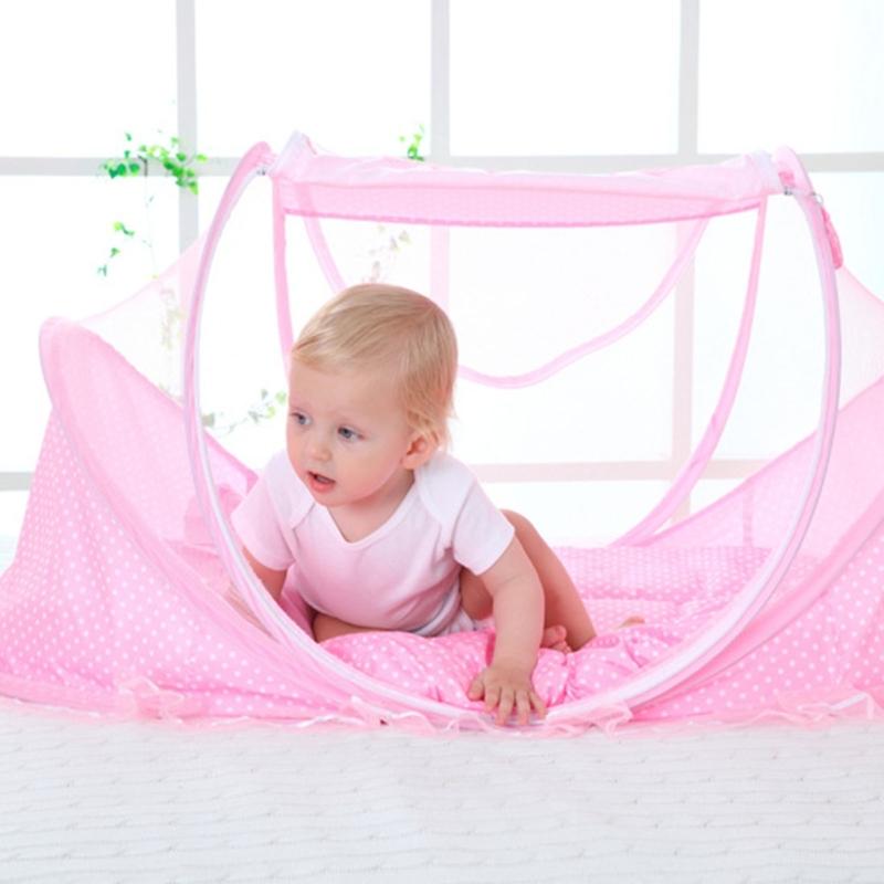 Breathable Fly Proof Baby Bed Net Foldable Compact with 3cm Sleeping Pad and Cotton Pillow for Newborns Safety