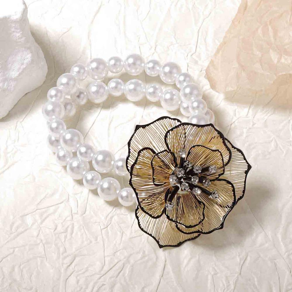Elegant Geometric Lines Necklace Vintage Floral Pearls Ear Studs Hollow Flowers Jewelry Set  Party