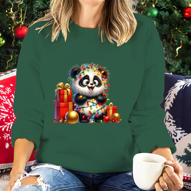 Merry Christmas Cartoon Panda Lights Design Women Sweatshirt Graphic Christmas Kawaii Cartoon Panda Gifts Holiday Sweatshirts