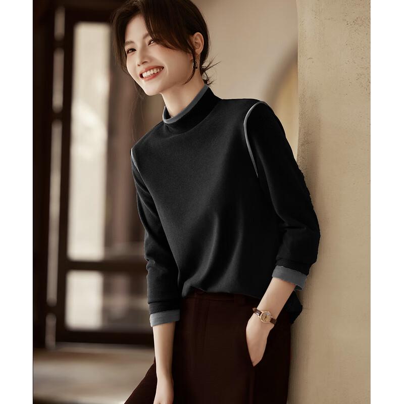 Women s Color-Block Velvet Semi-High Collar Base Top M