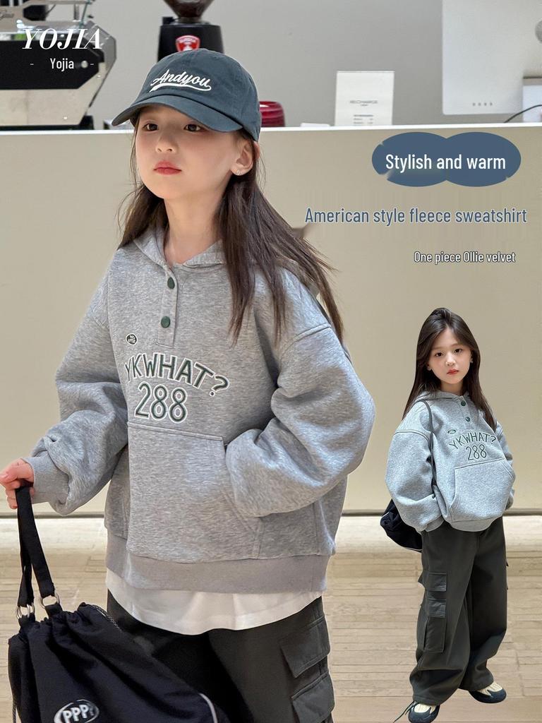 Dívčí fleecová mikina YOJIA - Stylové zesílené zimní oblečení pro malé holčičky, Podzim/Zima 2025