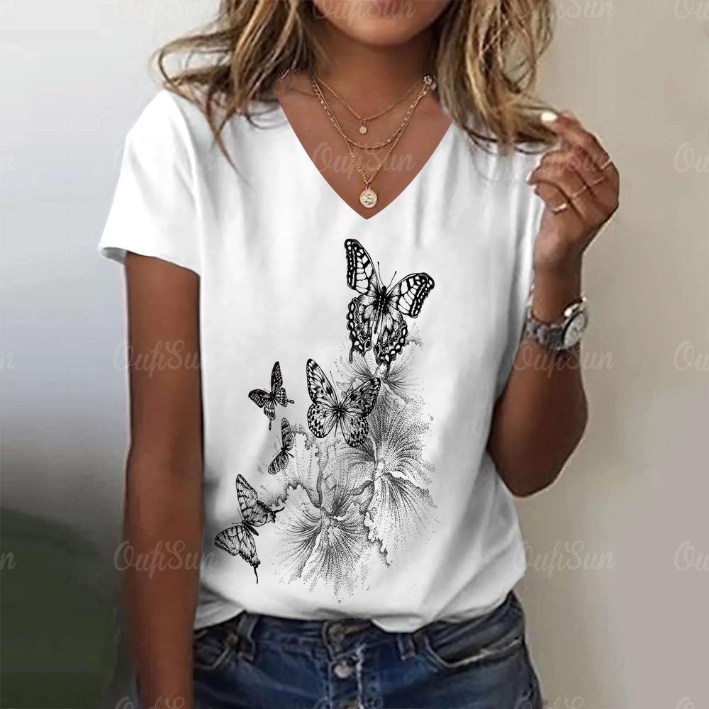 New Women T-shirt Simple Graphic Print Oversized Women's Trending Clothing Fashion Short Sleeve Shirt Women V-Neck Blouse 2024