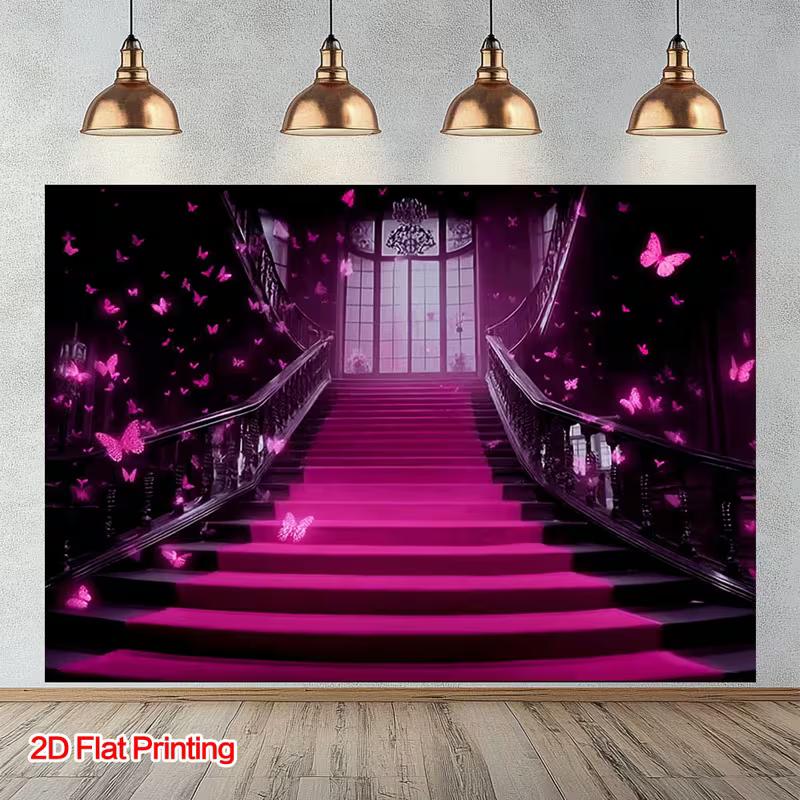 

2D Pink Butterfly Staircase Backdrop, Magical Party Photo Background 47.2x31.5inch/120*80cm