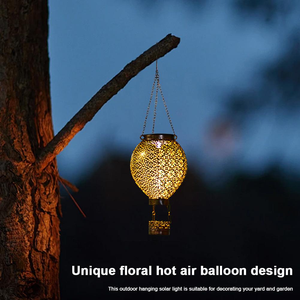 Solar Hot Air Balloon Lantern IP55 Waterproof Decorative Night Light Metal Glowing Hollow Lantern for Indoor Outdoor Garden Yard