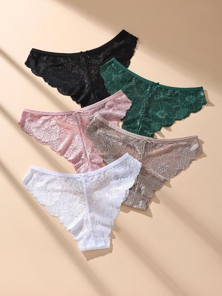 5PCS Women Floral Lace Panties Sexy Perspective Underwear Low Waist Solid Underpants Breathable Intimates Female Lingerie M-XL