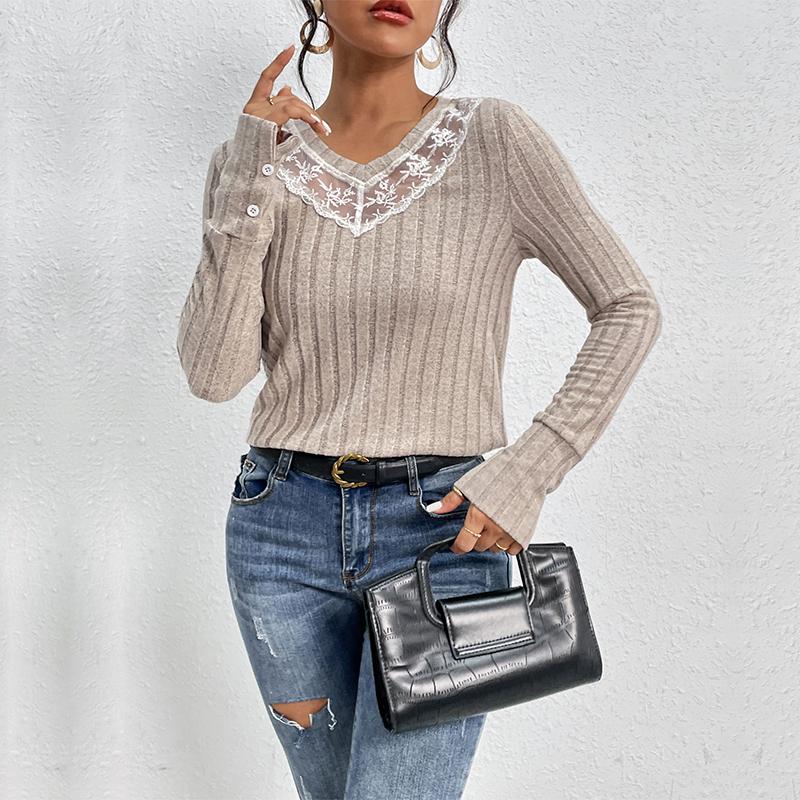 Damenmode, lässig, einfarbig, bedruckt, Frühling und Herbst, langärmelig, V-Ausschnitt, Pullover und lange Ärmel