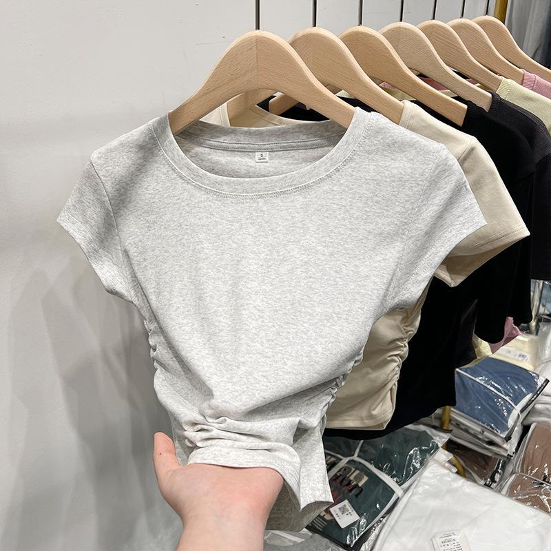 Round Neck Short-sleeved T-shirt for Women, Slim New Style, Waist Tight, Korean Style Design, Unique Right Shoulder Top for Niche Hot Girls