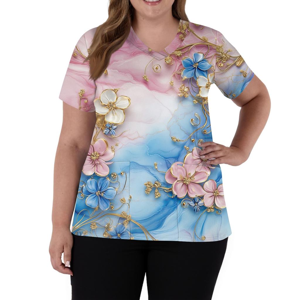 Women's Fashion V-Neck Short Sleeve Overalls With Pockets Print Tops Clothes