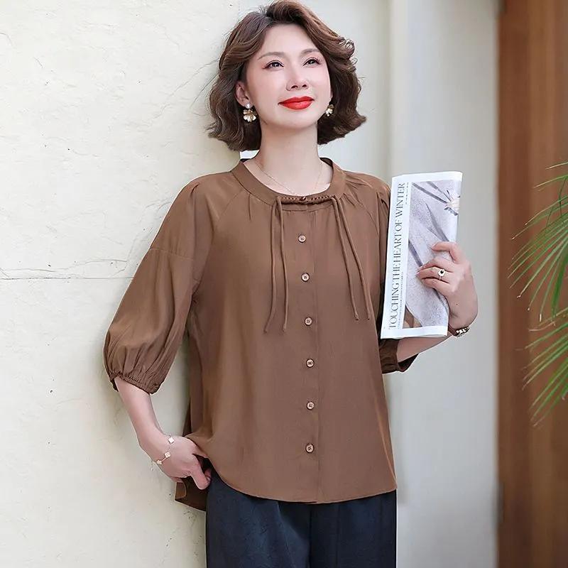 

Womens Brown Half Sleeve Blouse With Tie Detail And Button Front L кавовий