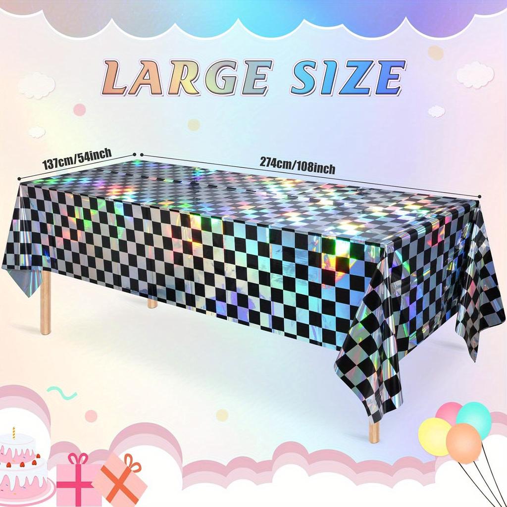 Disposable Checkered Plastic Tablecloth 2pcs Set Shiny Laser Rectangular Cover for Outdoor Picnic Camping Party Supplies