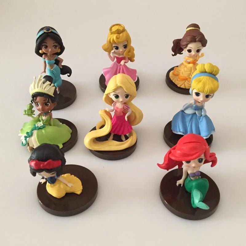 Hot 8pcs/set Q Posket Princess Tiana Snow White Rapunzel Ariel Cinderella Belle Mermaid PVC Figures Model Toys Kid Gift