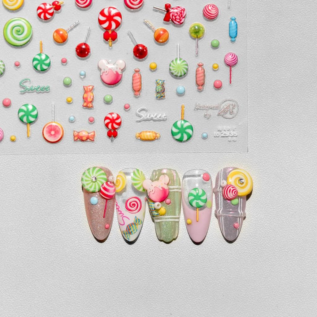 5D Pudding Jelly Dessert Fruit Cherry Pink Claw Print Bowknot Tie Knot Love Heart Stars Nail Art Sticker Adhesive Manicure Decal