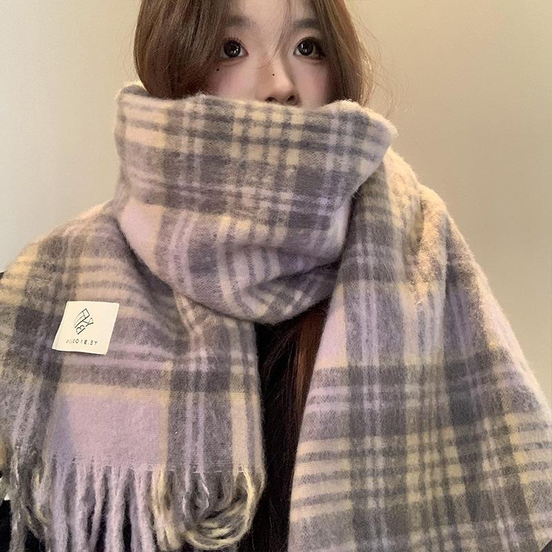 Purple plaid scarf women's year autumn and winter Korean atmosphere thickened warm high-end scarf shawl tide