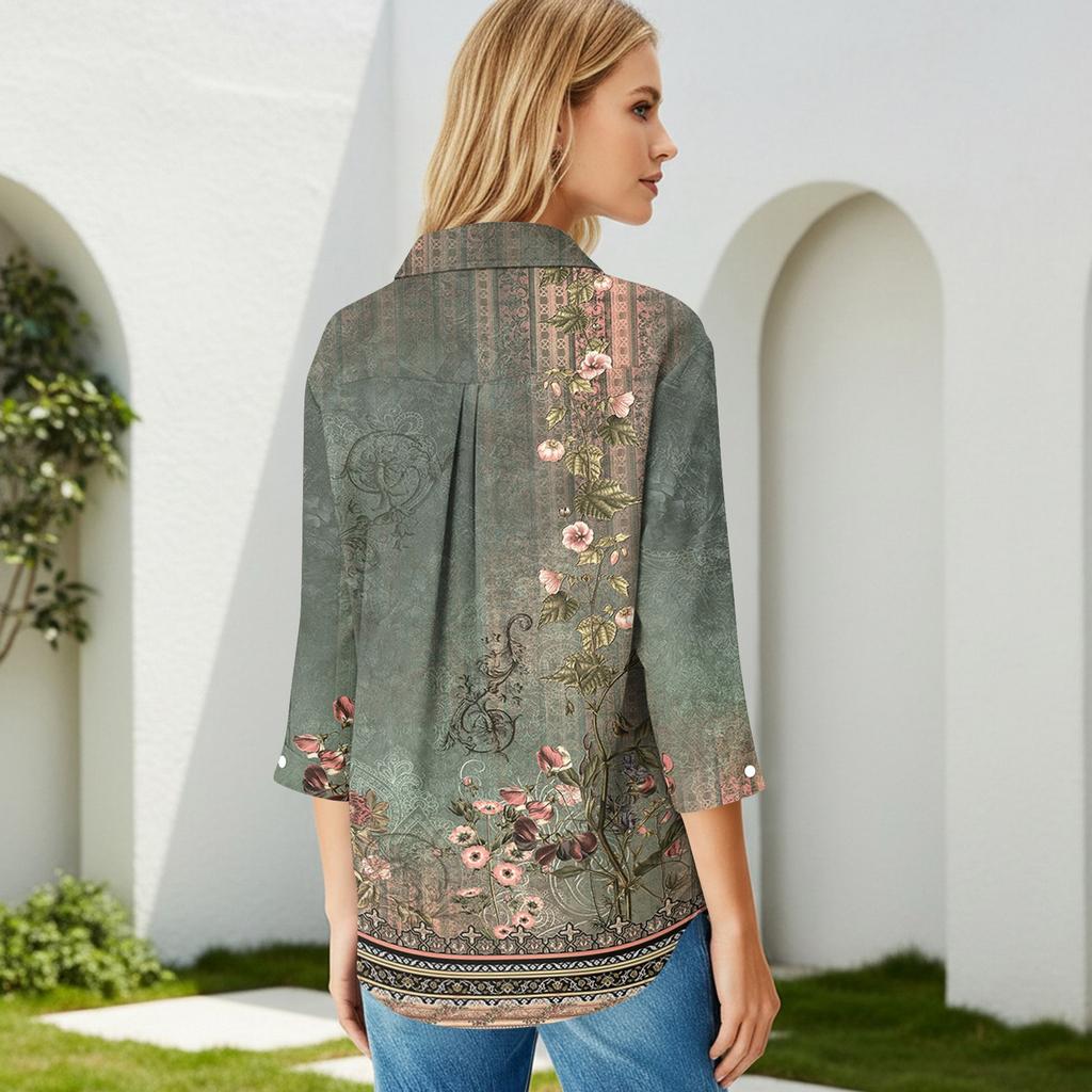 3/4-Ärmel Damenoberteile V-Ausschnitt Shirts Trendy Bedruckte Business Casual Arbeitsblusen