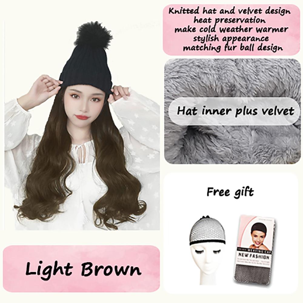 Women's Winter Wig Hat Knitted Hat Long Wave Straight Hair Synthetic Hat Wig